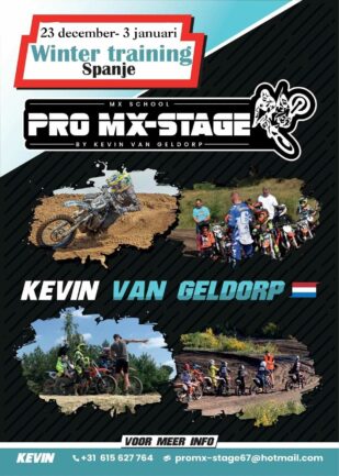 promotie affiche van de Pro-MX winter stage, waar verschillende motocrossers op staan afgebeeld terwijl ze instructies krijgen van een coach